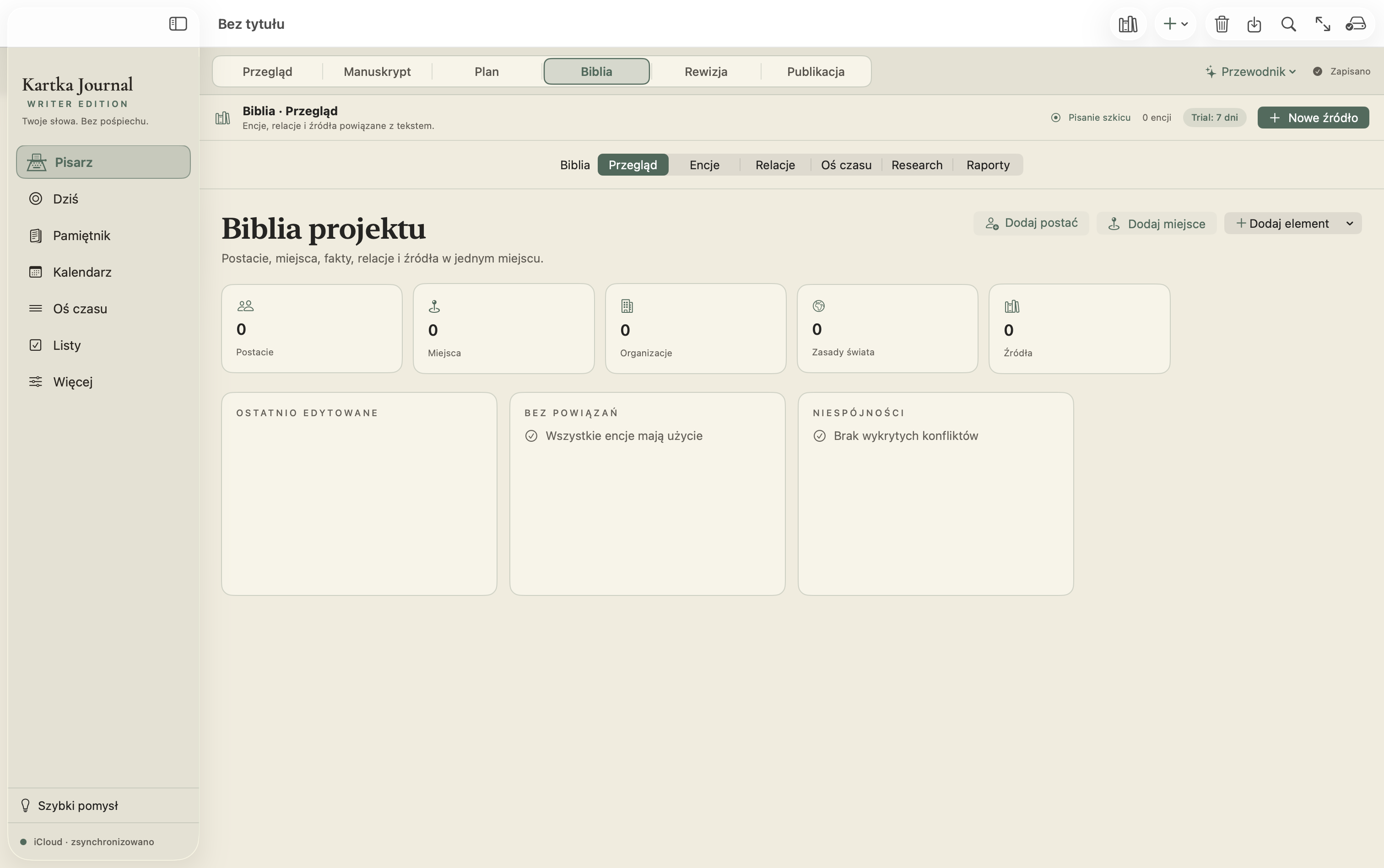 Biblia projektu z miejscem na postacie, miejsca, organizacje, zasady świata, źródła, relacje i research