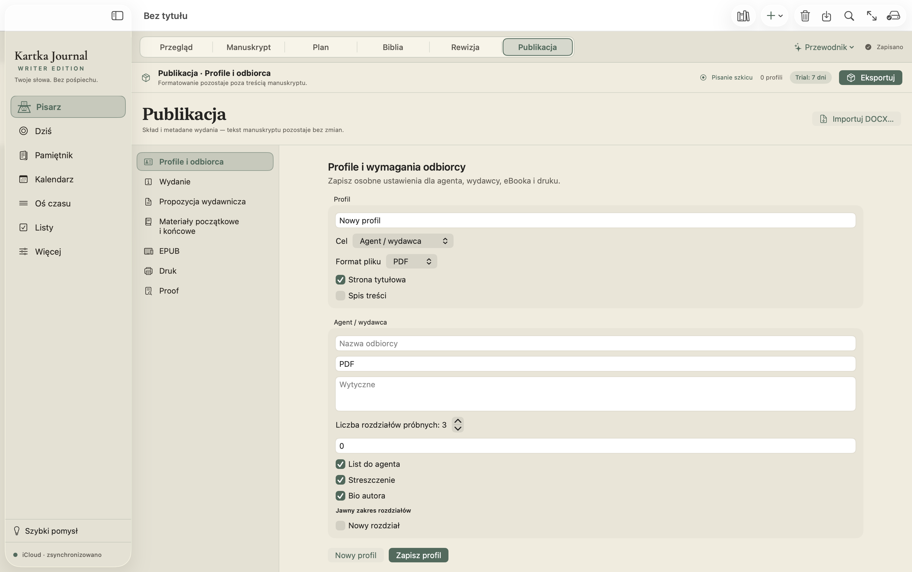 Widok Publikacja z profilami odbiorcy, wyborem PDF, materiałami dla agenta oraz sekcjami EPUB, Druk i Proof